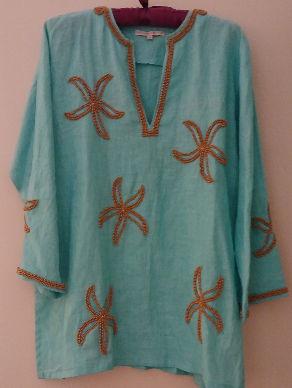 Turquoise Embellished Tunic Top with Wood Beading